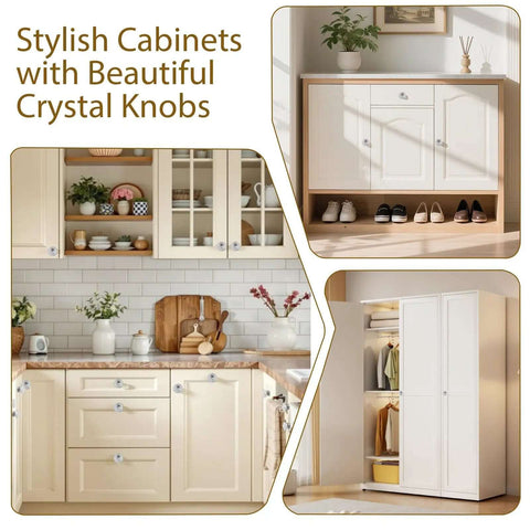White cabinets with Eight Pack Floral Crystal Cabinet Knobs 35mm Vintage Glass Drawer Pulls for Furniture Kitchen and Bathroom Makeover.