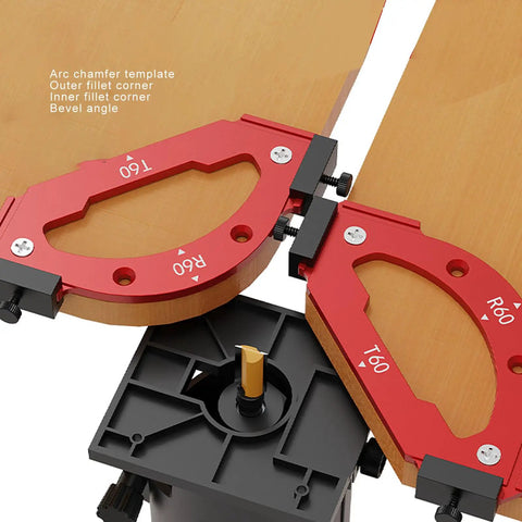 Hella Precise Router Corner Jig Radius Template Set R10 To R60 with red alloy guides for R60 and R10 radius corners.