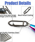 Heavy Duty Fishing Power Clips Hefty Pack Of Fifty Quick Release Split Rings And Snaps Stainless Steel Rust Proof showing close-up details.