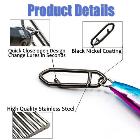 Heavy Duty Fishing Power Clips Hefty Pack Of Fifty Quick Release Split Rings And Snaps Stainless Steel Rust Proof showing close-up details.