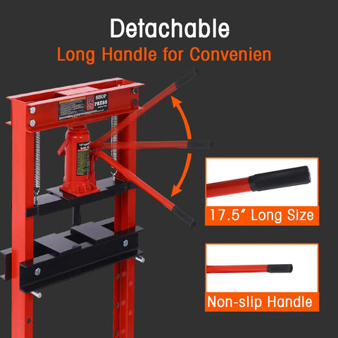 Heavy Duty 12 Ton Hydraulic Shop Press With Adjustable Work Table For Bearing Installation Metal Straightening Garage Tool, close-up view of detachable 17.5-inch long handle.