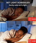 Smart Light Bulbs With S1 Auto Pairing For Alexa Compatible Warm White Lighting 2700K E26 60W Equivalent 800 Lumens Bluetooth Mesh 10 Pack For Easy Home Automation And Voice Control used to set light schedules for gentle wake-up with image of sleeping woman.