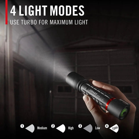 Hand holding 2600 Lumen USB C Rechargeable LED Flashlight With Slide Focus And Pure Beam Optic Ultra Bright Beam in dark room