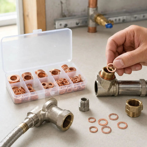 350 Pcs Copper Metric Sealing Crush Washers Set With 10 Sizes For Automotive Marine Motorcycle And DIYer Projects Durable Red Copper Gasket Seals For Oil Drain Plugs Banjo Bolts And General Sealing. Copper metric crush washers set in storage case, hand fitting a washer to a pipe fitting