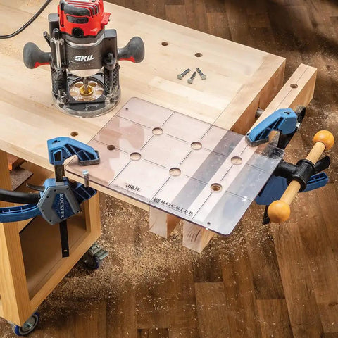 Spaced Dog Hole Router Template for Precise Holes and Bench Tools like Dogs Cookies and Holdfasts on woodworking bench.