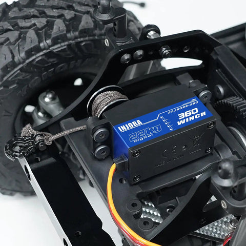 22Kg 360 Degree Digital Servo Winch with 25T Low Profile Spool for RC Crawlers and Boats, installed on RC chassis