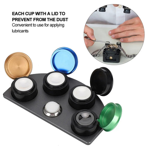 Stainless Steel Watch Oil Dip Tool With Lid Four Eye Oil Dish for precision lubrication in horology, showing lids open and tool in use.