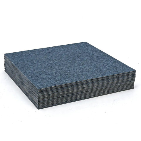 Stack of blue 20 Pack 20x20 Inch Carpet Tiles With Stickers, Reusable, PVC Backed, Slip-Resistant, Waterproof, for home office floors