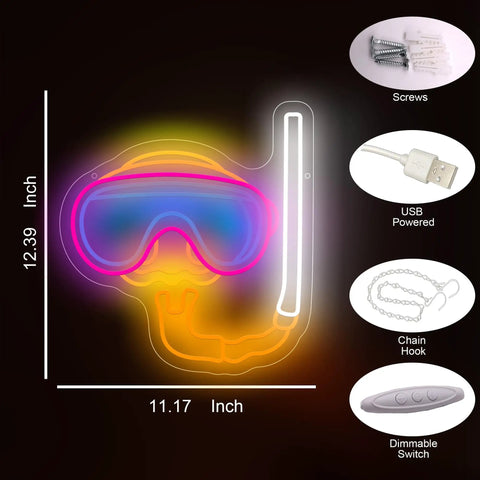 Neon Sign Diver Mask Style Scuba Diving LED Neon Light For Wall Decor And Beach House Dope Vibe Perfect For Dive Shops Ocean Theme Rooms Bathroom Game Room And Underwater Spaces including dimensions and accessories.