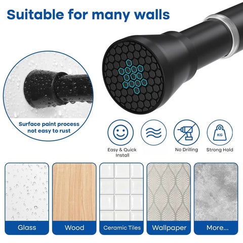 Close-up of Black Tension Curtain Rod 28 To 48 Inch No Drill Adjustable Spring Rod with skid-resistant end on various surfaces