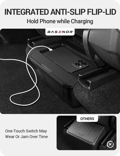 Tesla Model Y Juniper Rear Center Console Organizer with TPE Dustproof Trash Can and Anti Slip Lid Custom Fit for 2025 2026 Model Y