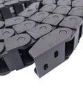 Close-up of a long black nylon cable drag chain wire carrier 2M 2000mm 10x15mm internal size beefed up reinforced PA66 for CNC machines.