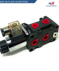 Hydraulic flow diverter valve, six-port two-position, with red port seals and 12V DC solenoid coil.