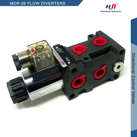 Hydraulic flow diverter valve, six-port two-position, with red port seals and 12V DC solenoid coil.