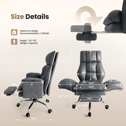Size details for Big And Tall Office Chair With Flip Armrests For Pets And Cross Legged Sitting Boss Level Ergonomic Computer Gaming Chair