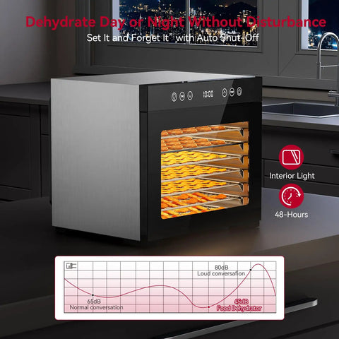 Top Shelf Eight Tray Stainless Steel Food Dehydrator With No Sweat Temperature Tuning, showing bright interior light and racks.