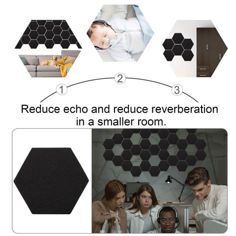 Top Shelf Hexagon Soundproofing Panels 3 Pack Fire Resistant High Density Polyurethane Acoustic Foam Tiles Wall Mount Design For Office Recording And Control Rooms Black hexagon panel showing texture in use with people in a meeting.