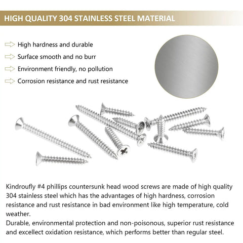 Pro Grade Four Gauge Stainless Steel Wood Screws Countersunk Phillips Head Self Tapping Assortment Kit 202 Piece Set, showing quality screws.