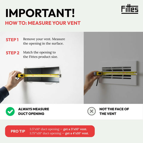 Measuring vent opening for Flush Mount Wall Vent Cover 4x10 Inch, highlighting correct technique with tape measure.