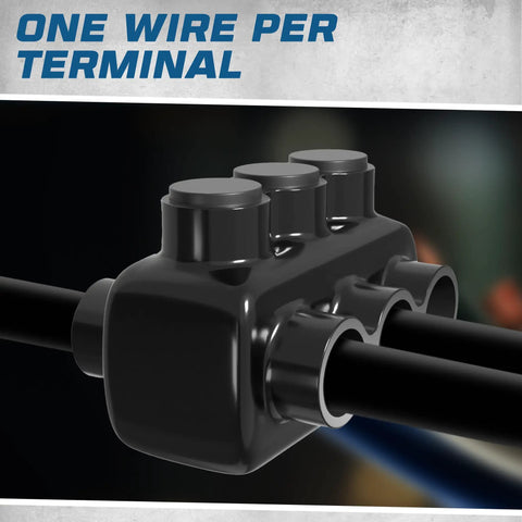 Close-up of insulated 3-port dual side entry wire connector splice for 250 6 AWG with 5 16 hex screw pre filled oxide inhibitor.