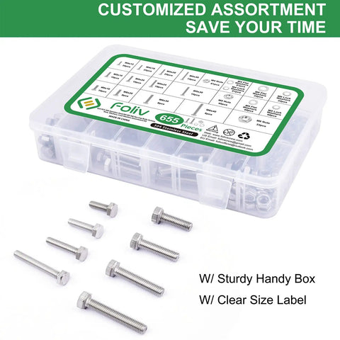 Tough As Nails Heavy Duty Bolts And Nuts Kit 304 Stainless Steel Assortment With M4 M5 M6 Sizes Rustproof And Corrosion Resistant Hardware Set For Auto Home And DIY Projects 12 Common Sizes Included shown in open transparent box with label