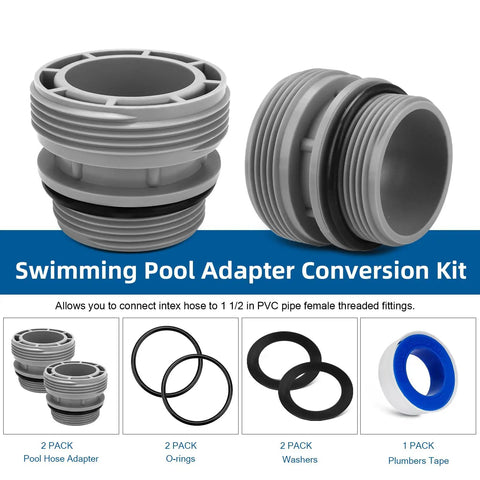 Pool Hose Adapter Kit 40mm To 1.5 Inch For Above Ground Pools, 2 pack grey adapters, O-rings, washers, and plumbers tape shown