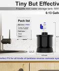 Mini Pressure Water Tank 0.13 Gallon For Tankless Reverse Osmosis Systems next to sink with dimensions and pack list