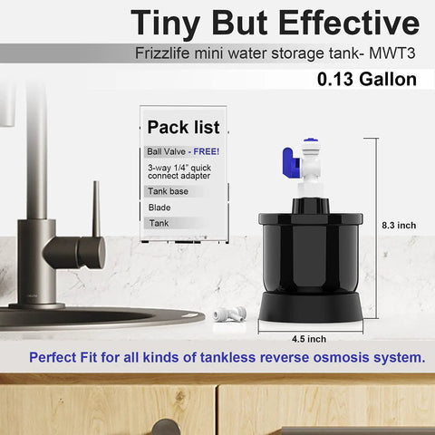 Mini Pressure Water Tank 0.13 Gallon For Tankless Reverse Osmosis Systems next to sink with dimensions and pack list
