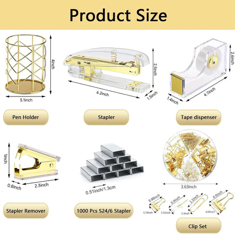 Gold Office Desk Kit 13 In 1 with stapler, pen holder, tape dispenser, staple remover, clips; product size dimensions shown