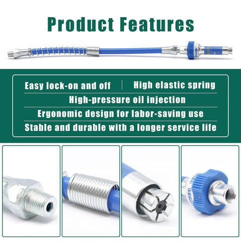 Grease gun fittings and lock-on coupler with blue hose; four close-up views of metal adapters.