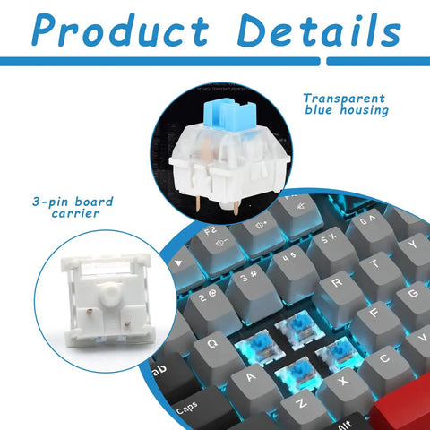50 Pack Pre Lubricated 3-Pin Tactile Keyboard Switches Blue For Mechanical Keyboards Smooth Actuation Crisp Rebound Dope Feel Easy Install Ideal For Custom Builds And 3D Printed Keyboard Projects. transparent blue housing on MX keyboard