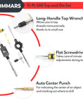 Jumbo 51 Piece Tap And Die Set For 1 4 20 To 1 14 SAE Threads with T-handle tap wrench, die wrench, screwdriver, and center punch.