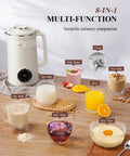8 In One Nut Milk Maker And 32 Oz Self Cleaning Automatic Blender with assorted plant milks and beverages on a wooden counter.