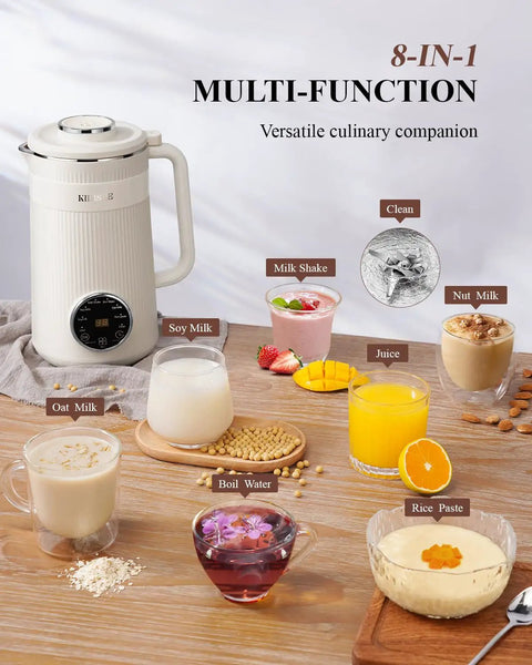 8 In One Nut Milk Maker And 32 Oz Self Cleaning Automatic Blender with assorted plant milks and beverages on a wooden counter.