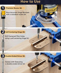 Adjustable Door Hinge Jig For Router usage steps, showing precision router bit, self-centering hinge bit, and double-ended driver bit.