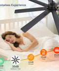 52 Inch Smart Ceiling Fan With Lights For Indoor Outdoor Use Remote Control Works With Alexa And Google Assistant Quiet Reversible DC Motor 6 Speed 8 Blade Black Ceiling Fan For Patio Bedroom Garage, overhead view with sleeping woman