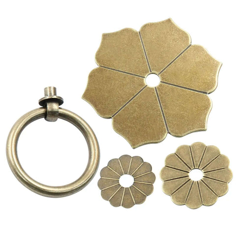 Badass Antique Bronze Ring Pull Handles For Kitchens And Cabinets Featuring A Slick Floral Pattern Heavy Duty Drawer Hardware Kit components including a ring and floral plates.