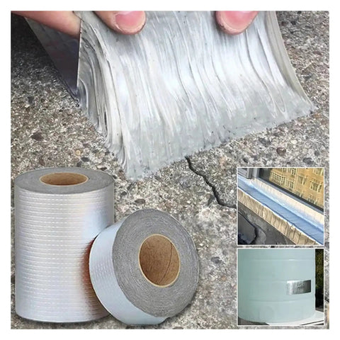 Heavy Duty Butyl Rubber Tape Waterproof Seal For Indoor Outdoor Repairs Quick Fix For Wall Cracks Roof Ducts High And Low Temperature Resistant Adhesive 10cm By 5m shown in rolls and applied on surfaces.