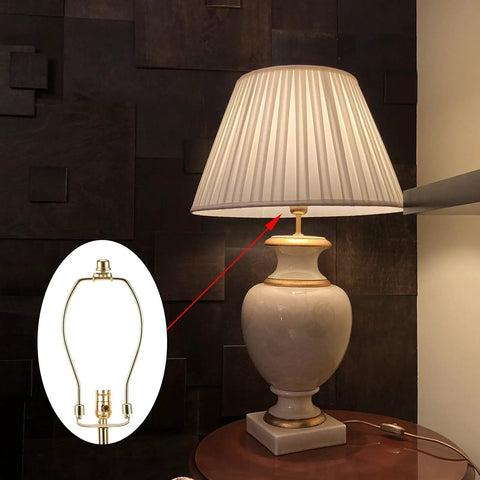 Straight Fire Slick Polished Brass Lamp Harp 10 Inch Light Duty Replacement Hardware attached to a table lamp with fabric shade.