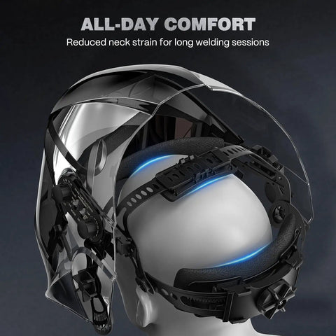 Back view of Auto Darkening Welding Helmet With Panoramic Side View And Extra Large 6.22 By 2.8 Inch Viewing Screen True Color Optics shown on head model