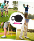 Collage featuring golfers using 2 Pack Golf Swing Trainer Ball Posture Exerciser for Consistent Swings, Inflatable Training Ball With Inflator Included.