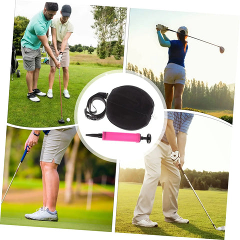 Collage featuring golfers using 2 Pack Golf Swing Trainer Ball Posture Exerciser for Consistent Swings, Inflatable Training Ball With Inflator Included.