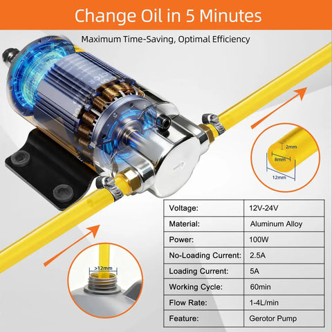 Heavy Duty Electric Oil Extractor Pump Delivers No Sweat Fluid Swaps Up To Four Liters Per Minute with aluminum alloy design and yellow hoses.