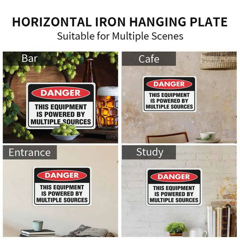 Danger Sign For Multiple Power Sources Supply This Equipment 8x12 Inch Weather Resistant Aluminum Plaque Pre Drilled For Home Entry Doors Office Spaces Yards And Maintenance Zones High Visibility wall sign shown in bar, cafe, entrance, and study