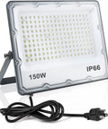 150W LED Flood Light Plug In Outdoor Security Fixture 6500K 15000LM IP66 Waterproof, black cord and stand visible