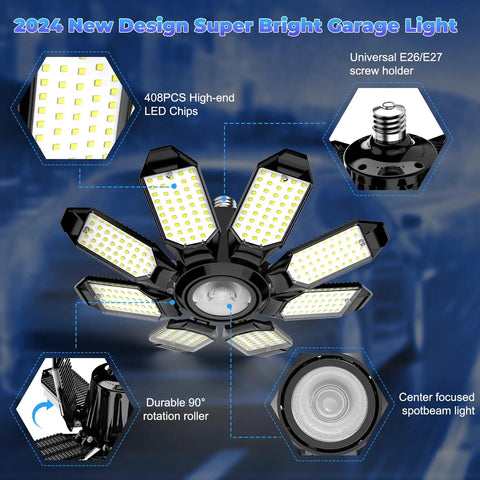 Crazy Bright 25000LM Garage Light With 8 Flexible Panels And Center Spotlight 6500K LED Bulb with E26 E27 Socket design features