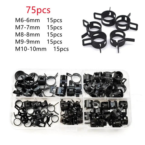 Cool 75 Pc Set Of 6-10mm Q673B Black Vacuum Fuel Oil Hose Pipe Tube Clamps Spring Assortment Kit With Storage Box For Quick Fixes And Super Tight Seals, 75pc organizer