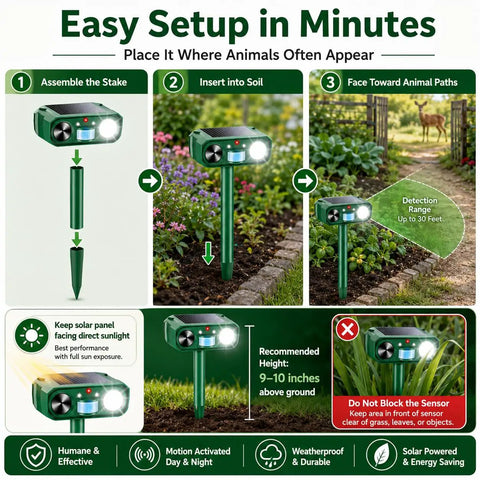 Solar Ultrasonic Deer Repellent With Motion Sensor and Flash Light for Outdoor Garden Yard Protects Flowers Vegetables and Plants From Deer Cats and Rabbits, green stake setup
