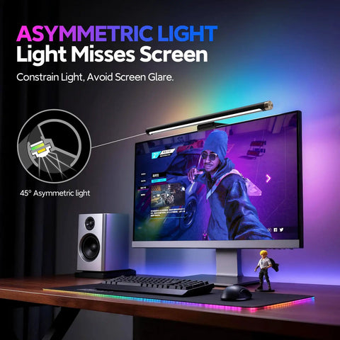 RGB Monitor Light Bar For Eye Care With Four Modes And Color Temperature Adjustable From 2900K To 6000K USB Powered Reading Lamp No Glare Flicker Free Space Saving For All Monitors on a gaming desk setup