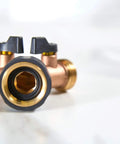 Heavy Duty Brass Dual Outlet Faucet Adapter Lets You Split One Faucet Into Two Hose Outlets With Separate Ball Valve Levers For Easy Flow Control Durable Brass Construction Handles High Water Pressure Brown Finish, front view